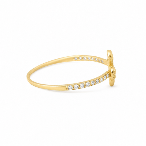 14KT Gold Ring Women's Light Weight White CZ Stones Four Petal Flower Center and Band