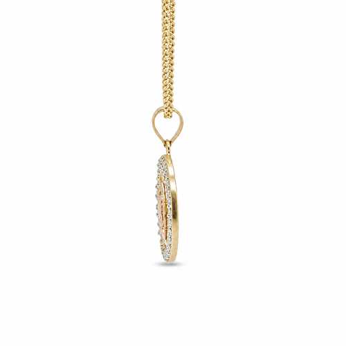 14KT Gold Charm Extra Small Round Two Tone Virgin Mary Quinceanera "15 Anos" Coin with White CZ Stones Border and Plain Bell