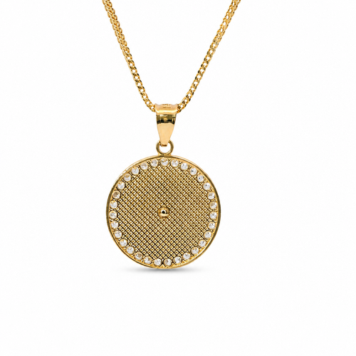 14KT Gold Charm Extra Small Round Two Tone Virgin Mary Quinceanera "15 Anos" Coin with White CZ Stones Border and Plain Bell