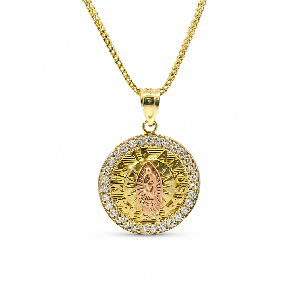 14KT Gold Charm Extra Small Round Two Tone Virgin Mary Quinceanera "15 Anos" Coin with White CZ Stones Border and Plain Bell