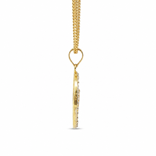 14KT Gold Charm Extra Small Round Two Tone Virgin Mary Quinceanera "15 Anos" Coin with White CZ Stones Border and Plain Bell