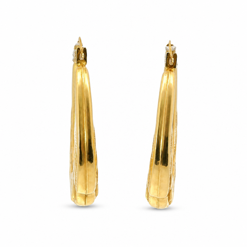 14KT Gold Earrings Hollow Plain Square Hoops with Tribal Heart Design and Saddleback Hinge Closure Length 3.5mm