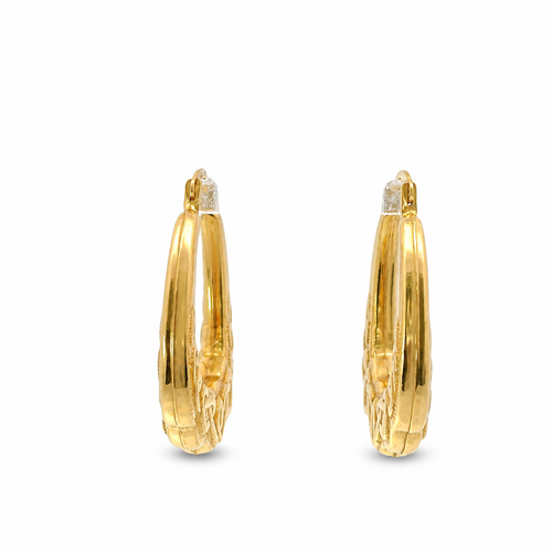 14KT Gold Earrings Hollow Plain Square Hoops with Tribal Heart Design and Saddleback Hinge Closure Length 3.5mm