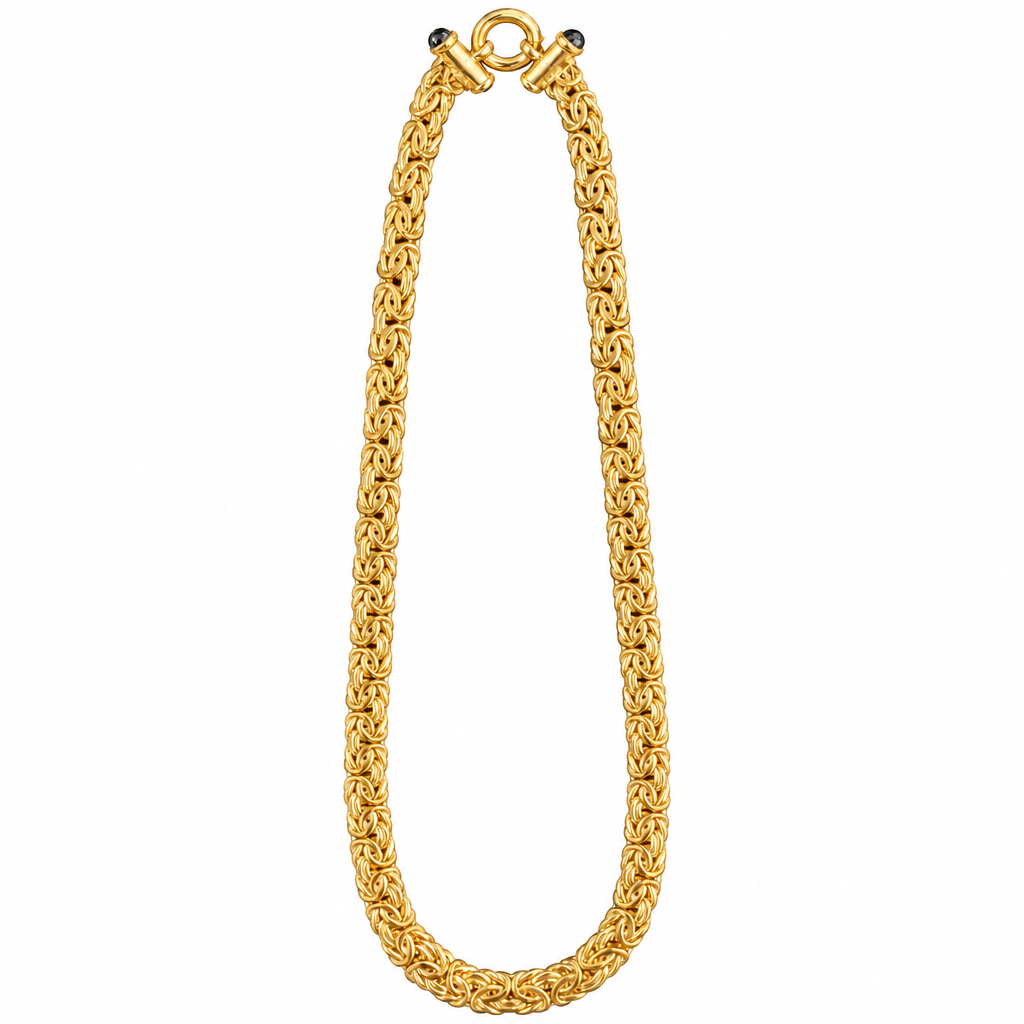 14K Gold Chain Women's Byzantine Link Necklace with Black Enamel End Bar and Jumbo Plain Spring Lock Clasp