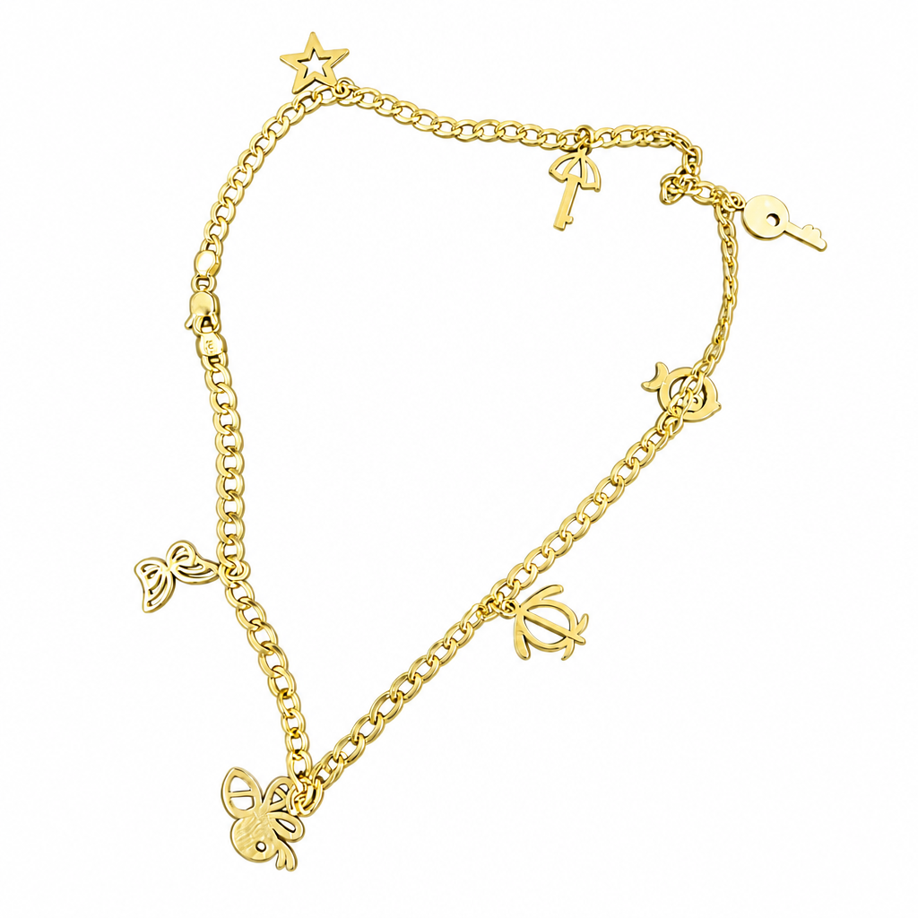 14KT Gold Hollow Curb Anklet with Flat Charms (Umbrella Key, Key, Butterfly, Star, Fish, Penguin, Bee) 2.5mm