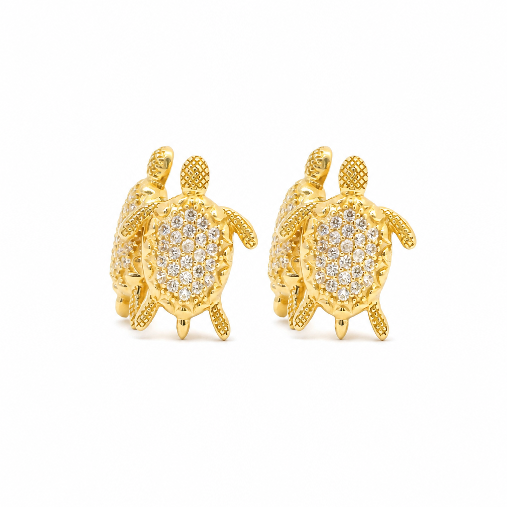 14KT Gold Earrings Small White CZ Stones Sea Turtle with Push Back Post and Butterfly Backs