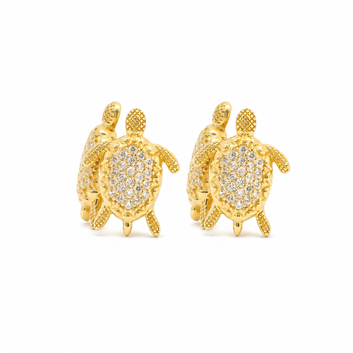 14KT Gold Earrings Small White CZ Stones Sea Turtle with Push Back Post and Butterfly Backs