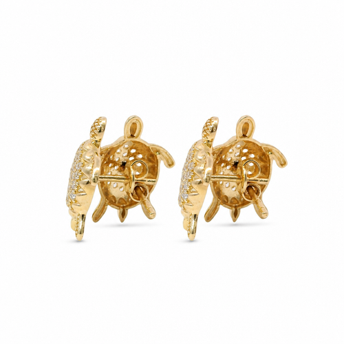 14KT Gold Earrings Small White CZ Stones Sea Turtle with Push Back Post and Butterfly Backs