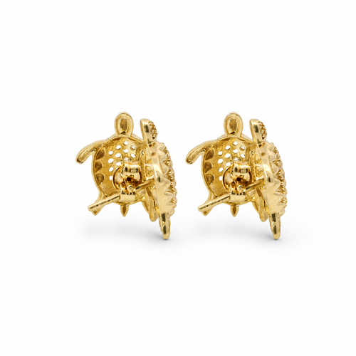 14KT Gold Earrings Small White CZ Stones Sea Turtle with Push Back Post and Butterfly Backs