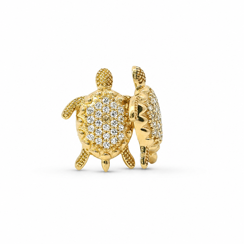 14KT Gold Earrings Small White CZ Stones Sea Turtle with Push Back Post and Butterfly Backs