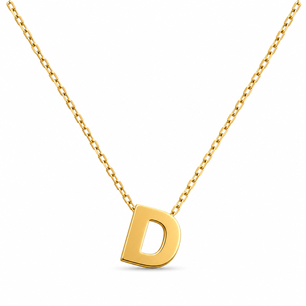 14KT Gold Solid Set Thin Chain Cable Link with Spring Lock Clasp and Single Block Font Uppercase Initial "D"
