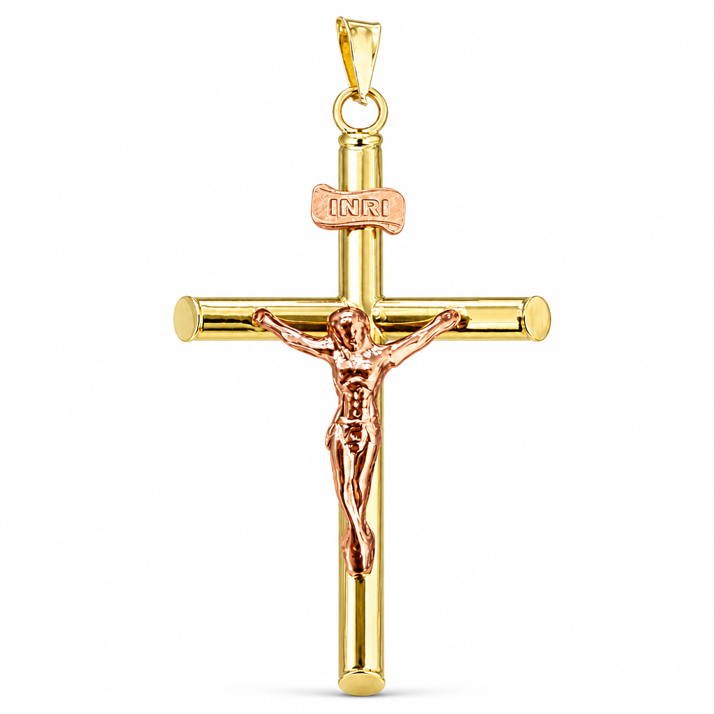 14KT Yellow / Rose Gold Charm Large Two Tone Hollow Tube Slant Ends Crucifix Cross with Plain Bell