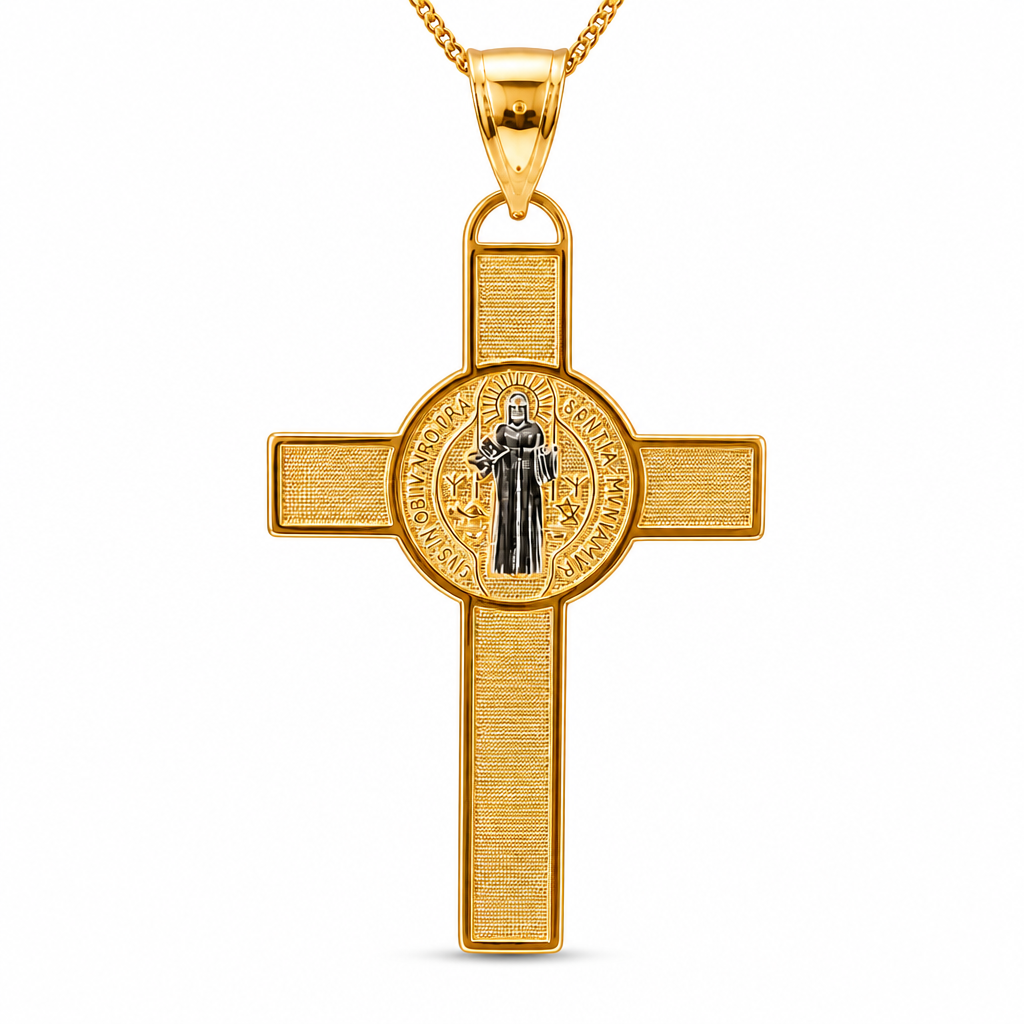 14KT Gold Charm 2XL Two Tone St Benedict Coin Center Cross with Plain Bell