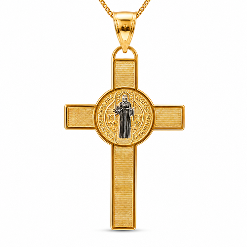 14KT Gold Charm 2XL Two Tone St Benedict Coin Center Cross with Plain Bell