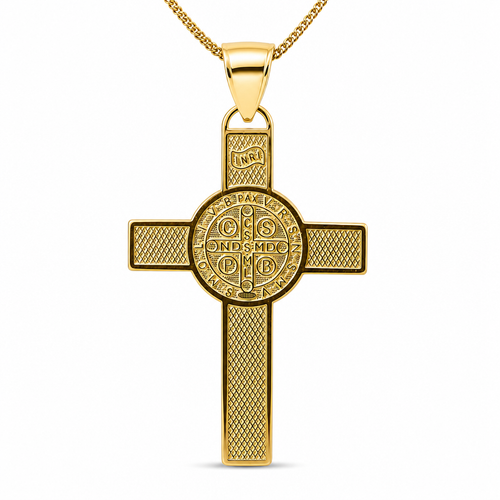 14KT Gold Charm 2XL Two Tone St Benedict Coin Center Cross with Plain Bell