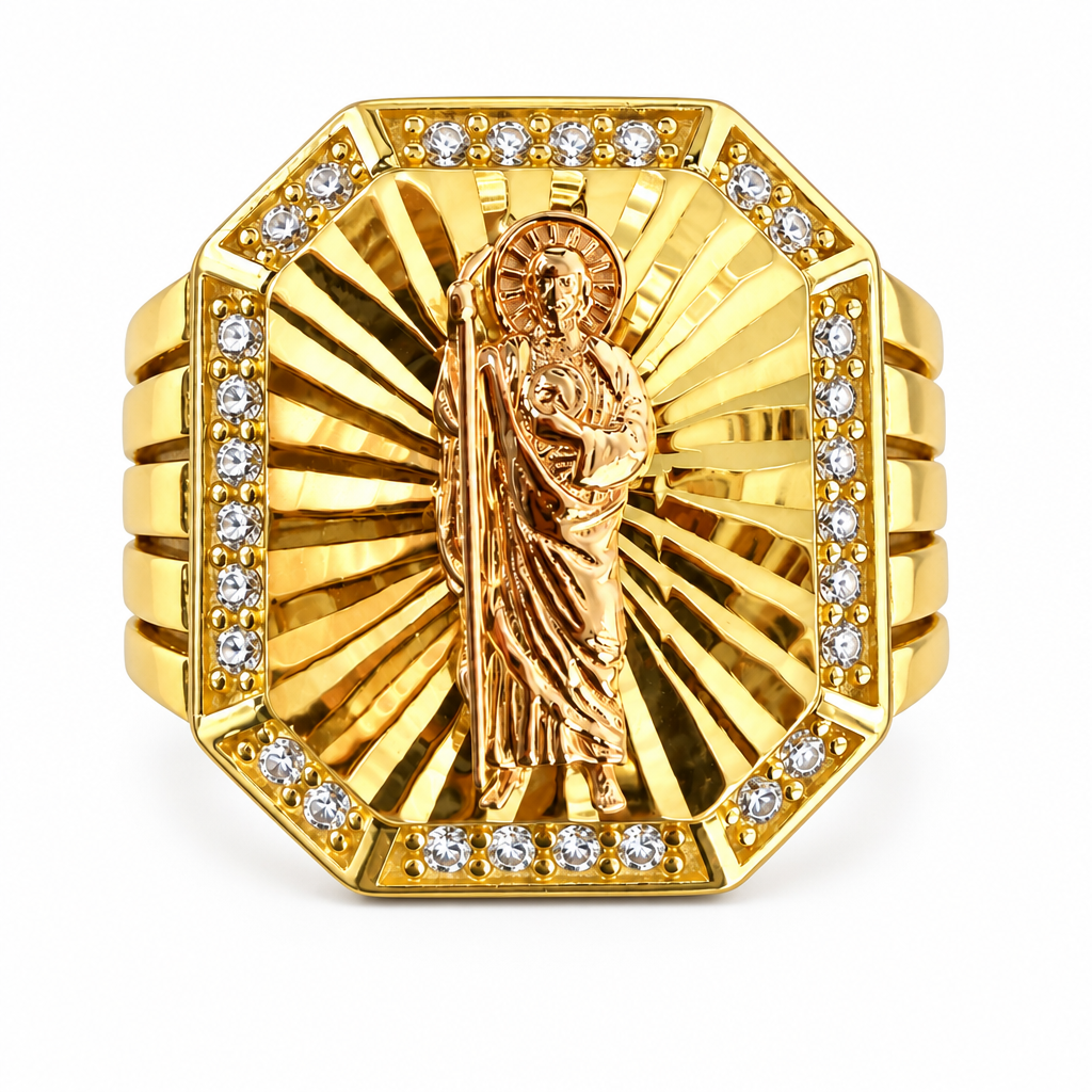 14KT Gold Ring Men's Two Tone Octagon Rectangle Raised Platform St Jude Center with Sunray Background and Single Row White CZ Stones Border with Split Stripe Band