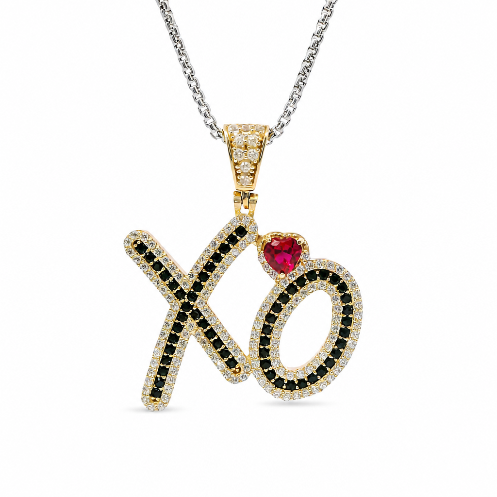 14KT Gold Charm Large Hug and Kiss Red CZ Heart "XO" Black CZ Stone Center with White CZ Stones Border and Bell