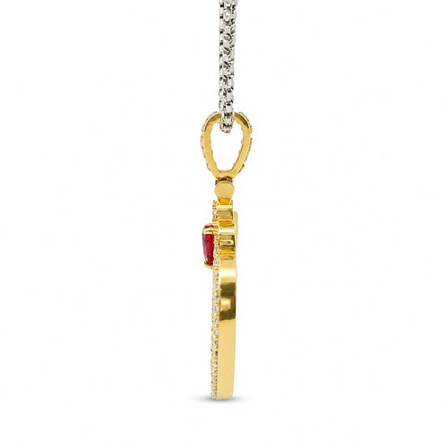 14KT Gold Charm Large Hug and Kiss Red CZ Heart "XO" Black CZ Stone Center with White CZ Stones Border and Bell
