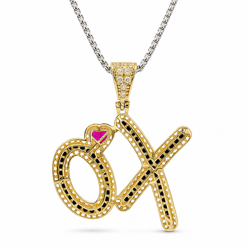 14KT Gold Charm Large Hug and Kiss Red CZ Heart "XO" Black CZ Stone Center with White CZ Stones Border and Bell