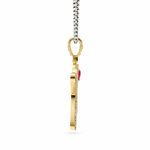 14KT Gold Charm Large Hug and Kiss Red CZ Heart "XO" Black CZ Stone Center with White CZ Stones Border and Bell
