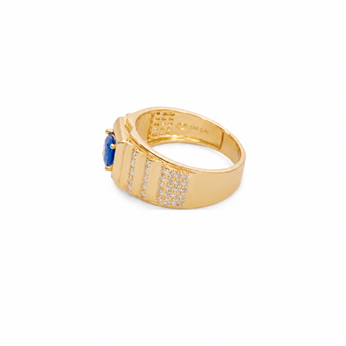 14KT Gold Ring Men's Square Blue Round CZ Stone Plain Square Border Side Design Three Tiers of Single Row White CZ Stones Stairs and Triple Row of White CZ Stones Under Stairs