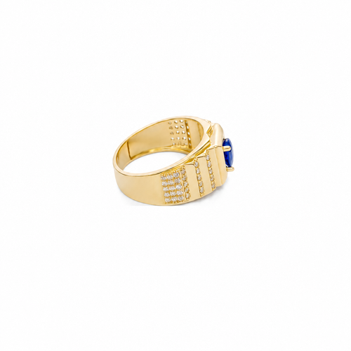 14KT Gold Ring Men's Square Blue Round CZ Stone Plain Square Border Side Design Three Tiers of Single Row White CZ Stones Stairs and Triple Row of White CZ Stones Under Stairs