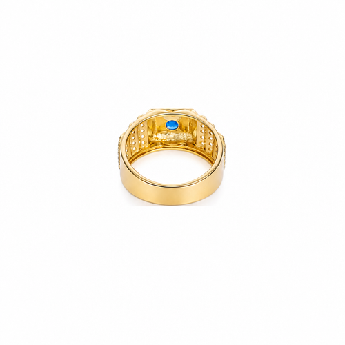 14KT Gold Ring Men's Square Blue Round CZ Stone Plain Square Border Side Design Three Tiers of Single Row White CZ Stones Stairs and Triple Row of White CZ Stones Under Stairs