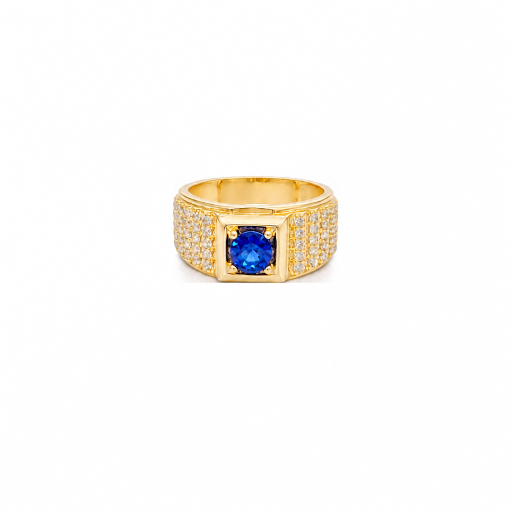 14KT Gold Ring Men's Square Blue Round CZ Stone Plain Square Border Side Design Three Tiers of Single Row White CZ Stones Stairs and Triple Row of White CZ Stones Under Stairs