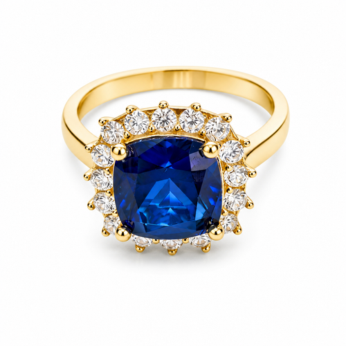 14KT Gold Ring Women's Square Jumbo Navy Blue Center CZ Stone with Round White CZ Stones Border and Plain Band