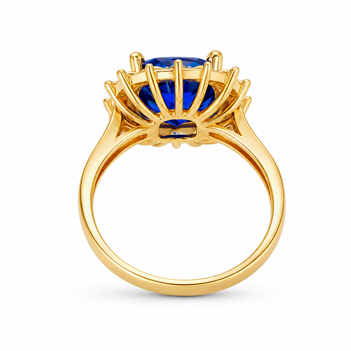 14KT Gold Ring Women's Square Jumbo Navy Blue Center CZ Stone with Round White CZ Stones Border and Plain Band