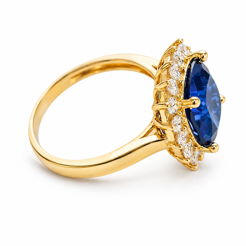 14KT Gold Ring Women's Square Jumbo Navy Blue Center CZ Stone with Round White CZ Stones Border and Plain Band