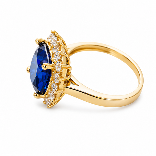 14KT Gold Ring Women's Square Jumbo Navy Blue Center CZ Stone with Round White CZ Stones Border and Plain Band