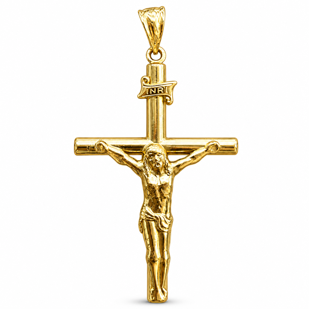 14KT Gold Charm Extra Large Hollow Tube Plain Flat Crucifix Cross Straight Ends with Plain Bell
