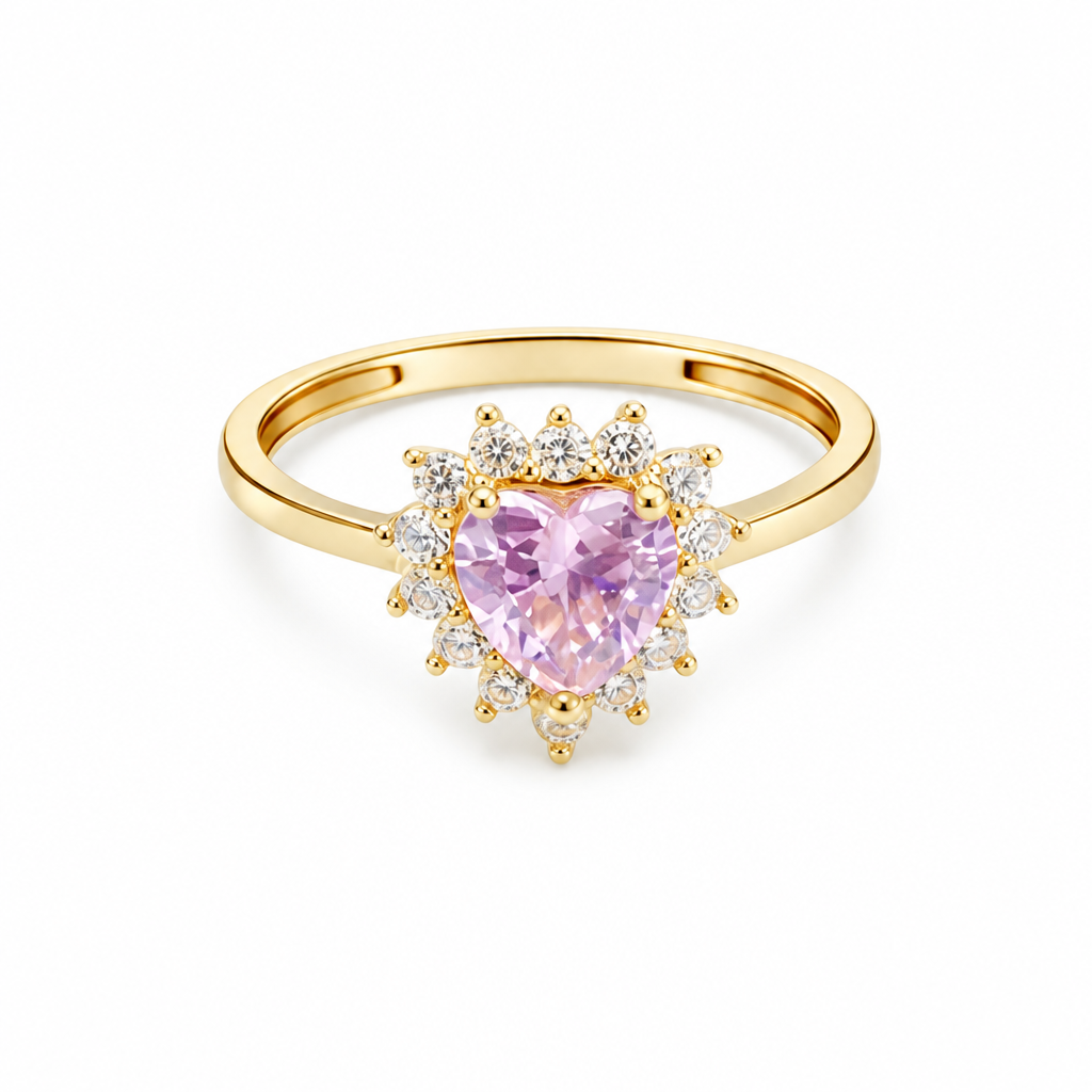 14KT Gold Ring Women's Flower Heart Pink Center Stone with White CZ Stone Petal Border Plain Band