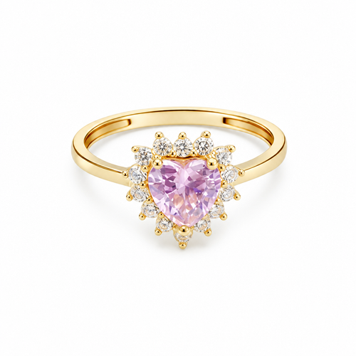 14KT Gold Ring Women's Flower Heart Pink Center Stone with White CZ Stone Petal Border Plain Band