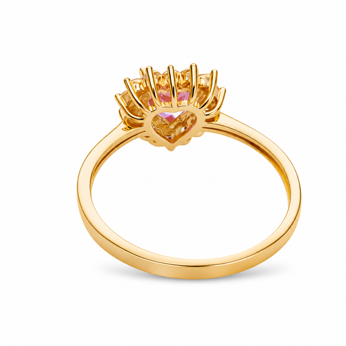 14KT Gold Ring Women's Flower Heart Pink Center Stone with White CZ Stone Petal Border Plain Band