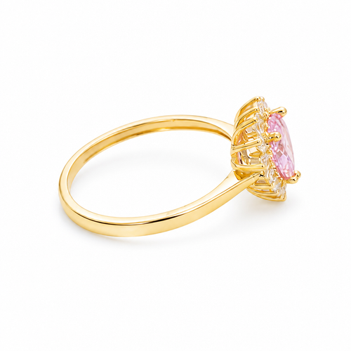 14KT Gold Ring Women's Flower Heart Pink Center Stone with White CZ Stone Petal Border Plain Band
