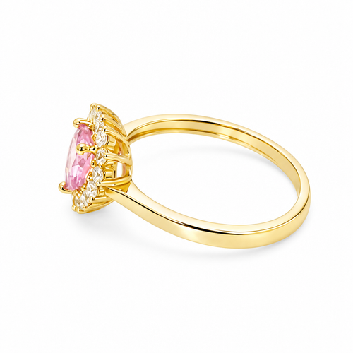 14KT Gold Ring Women's Flower Heart Pink Center Stone with White CZ Stone Petal Border Plain Band