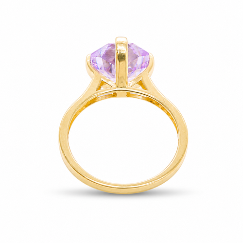 14KT Gold Ring Women's Jumbo Octagon Rose 4 Prong Purple CZ Center Stone with Round White Pave CZ Stone Band