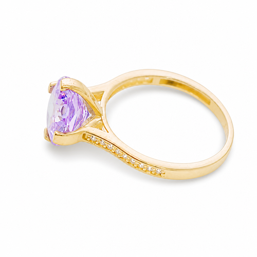 14KT Gold Ring Women's Jumbo Octagon Rose 4 Prong Purple CZ Center Stone with Round White Pave CZ Stone Band