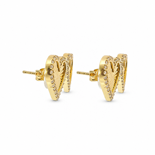 14KT Gold Earrings Medium Sunray Heart with White CZ Stones, Push Back Post and Butterfly Backs