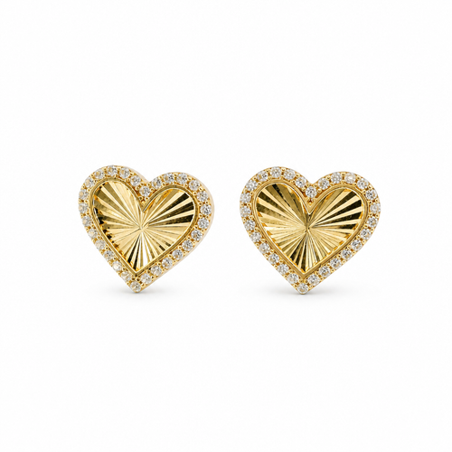 14KT Gold Earrings Medium Sunray Heart with White CZ Stones, Push Back Post and Butterfly Backs