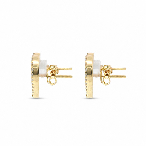 14KT Gold Earrings Medium Sunray Heart with White CZ Stones, Push Back Post and Butterfly Backs