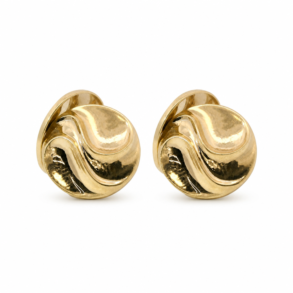 14KT Gold Earrings Small Round Double Wave Button with Push Back Post and Butterfly Backs