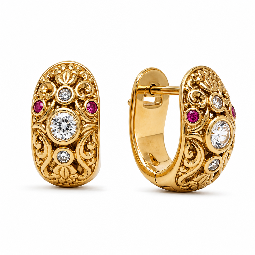 14KT Gold Earrings Small Round Double Wave Button with Push Back Post and Butterfly Backs