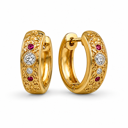 14KT Gold Earrings Small Round Double Wave Button with Push Back Post and Butterfly Backs