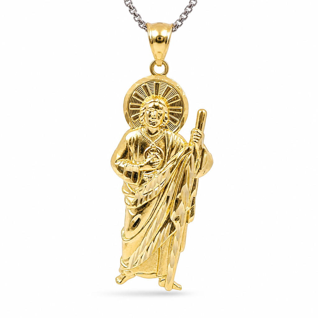 14KT Gold Charm Medium Right Staff Sunray Halo St Jude with Plain Bell