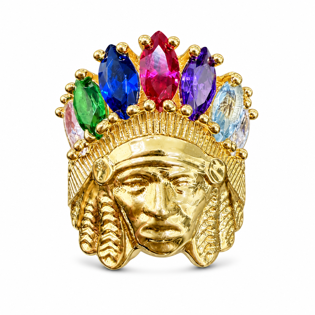 14KT Gold Ring Men's Medium American Indigenous Indian Head with Multicolor Marquise CZ Stones Headdress and Feather Print Band