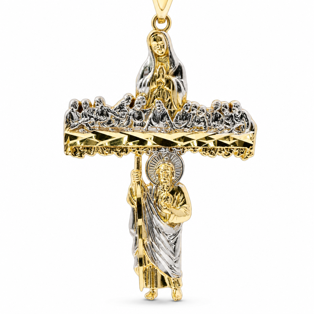 14KT Gold Charm Extra Large Two Tone Last Supper Cross with Virgin Mary and St Jude Center and Plain Bell