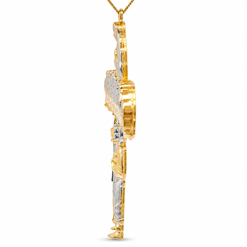 14KT Gold Charm Extra Large Two Tone Last Supper Cross with Virgin Mary and St Jude Center and Plain Bell